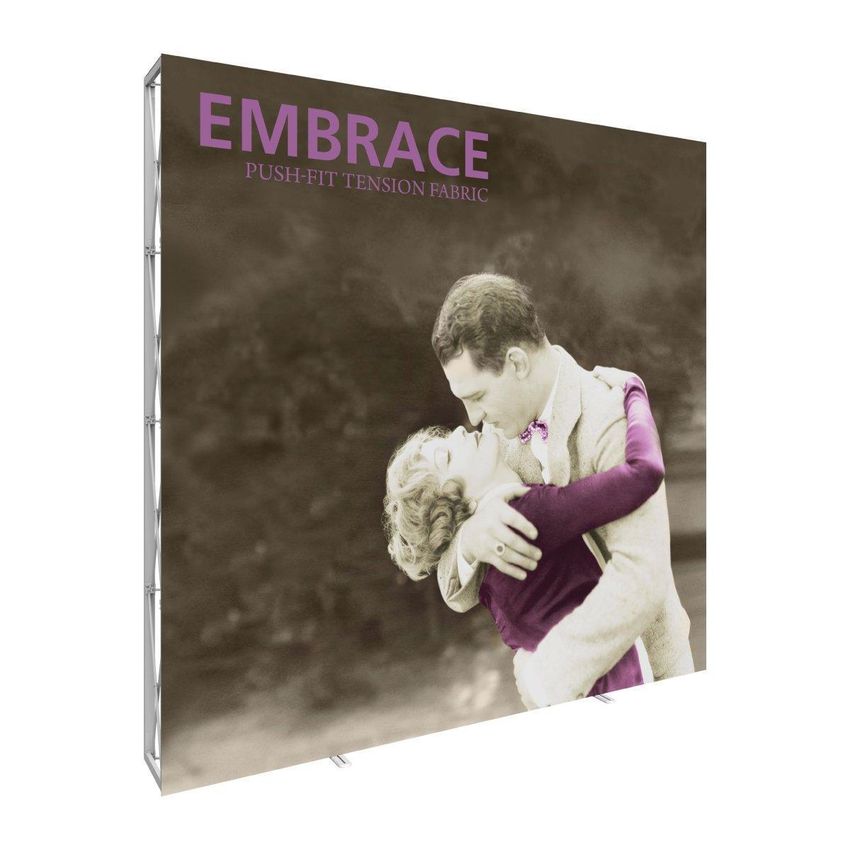 Extra tall trade show display with tension fabric graphic showing a couple embracing