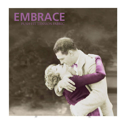 Extra tall trade show fabric display featuring vintage embrace design for exhibitions and events