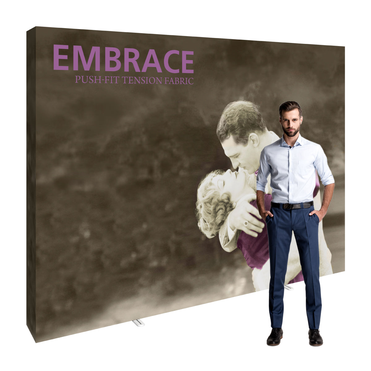 Large fabric display with romantic vintage image and text for trade shows and exhibitions