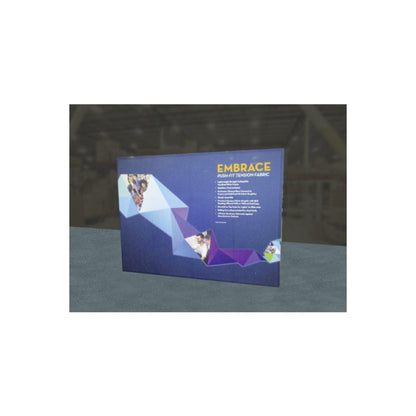 Embrace push-fit tension fabric trade show display with geometric design and promotional text