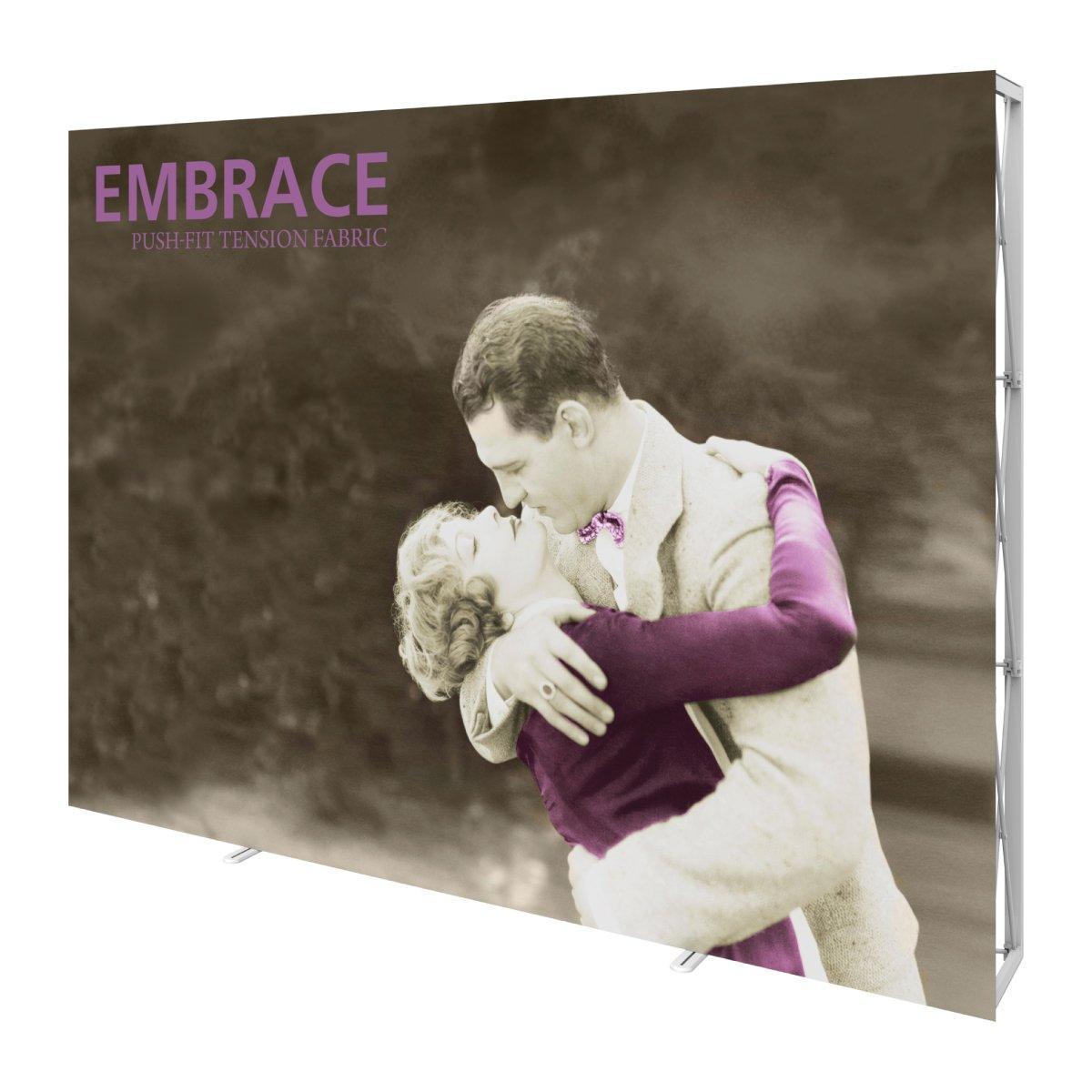 Large tension fabric trade show display featuring vintage style embrace image for exhibitions