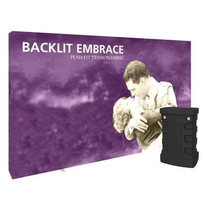 Backlit embrace tension fabric display with push-fit frame for trade show exhibits and events