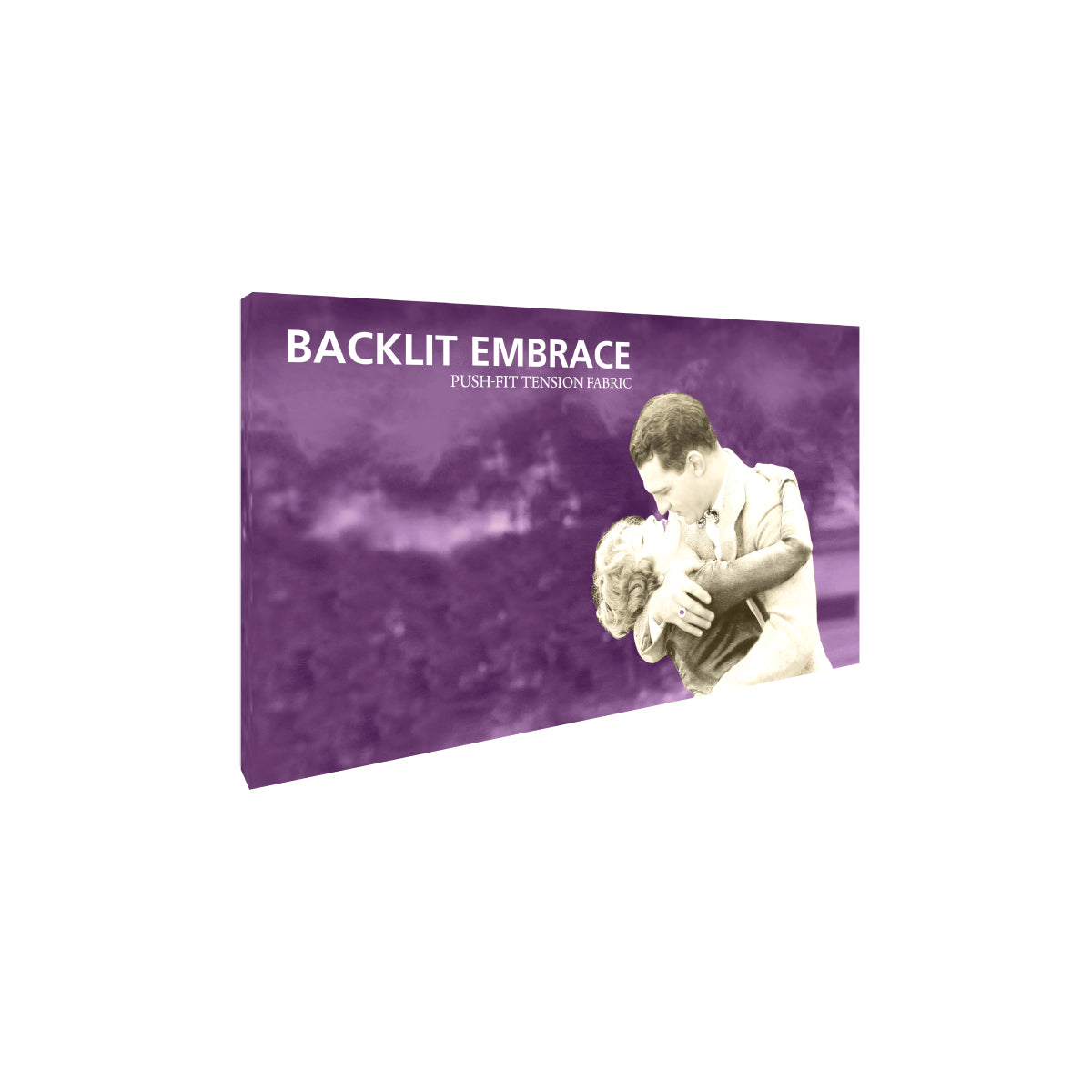 Backlit Embrace tension fabric display with vintage couple image for trade show exhibits