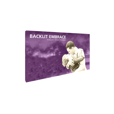 Backlit Embrace tension fabric display with vintage couple image for trade show exhibits