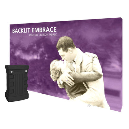 Backlit Embrace push-fit tension fabric display with vintage couple image, ideal for trade shows and exhibitions