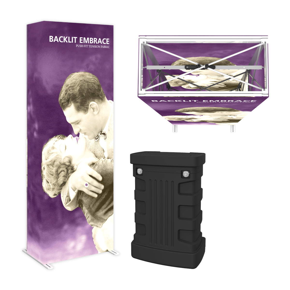 Backlit fabric display with push-fit tension frame and portable black case for trade shows and exhibitions