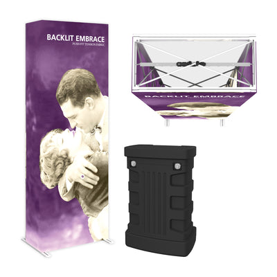 Backlit Embrace fabric display with tension frame and portable case for trade shows and exhibitions
