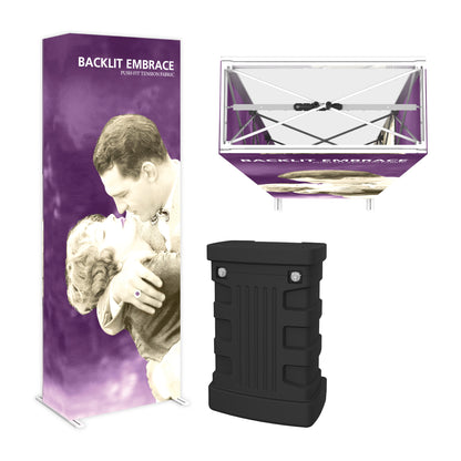 Backlit Embrace fabric display with tension frame and portable case for trade shows and exhibitions