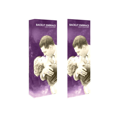 Backlit Embrace tension fabric display featuring vintage couple image for trade shows and exhibitions