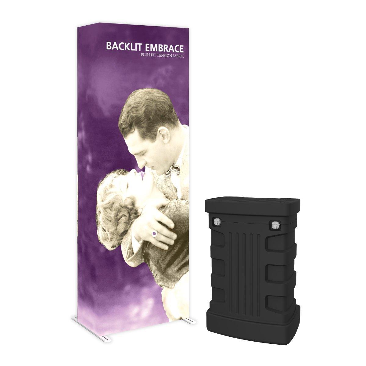 Backlit fabric display with vintage couple image and portable black trade show counter for exhibitions