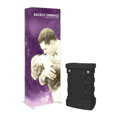 Backlit fabric display with vintage couple image and portable black trade show counter for exhibitions