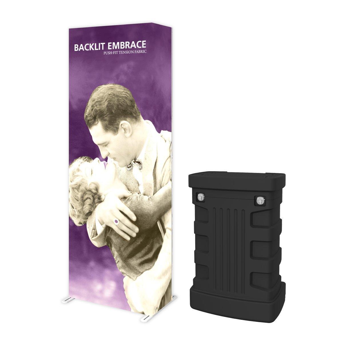 Backlit fabric display with vintage embrace image and portable case for trade shows and exhibitions