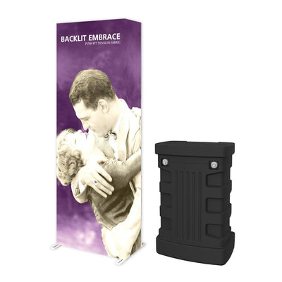 Backlit fabric display with vintage embrace image and portable case for trade shows and exhibitions
