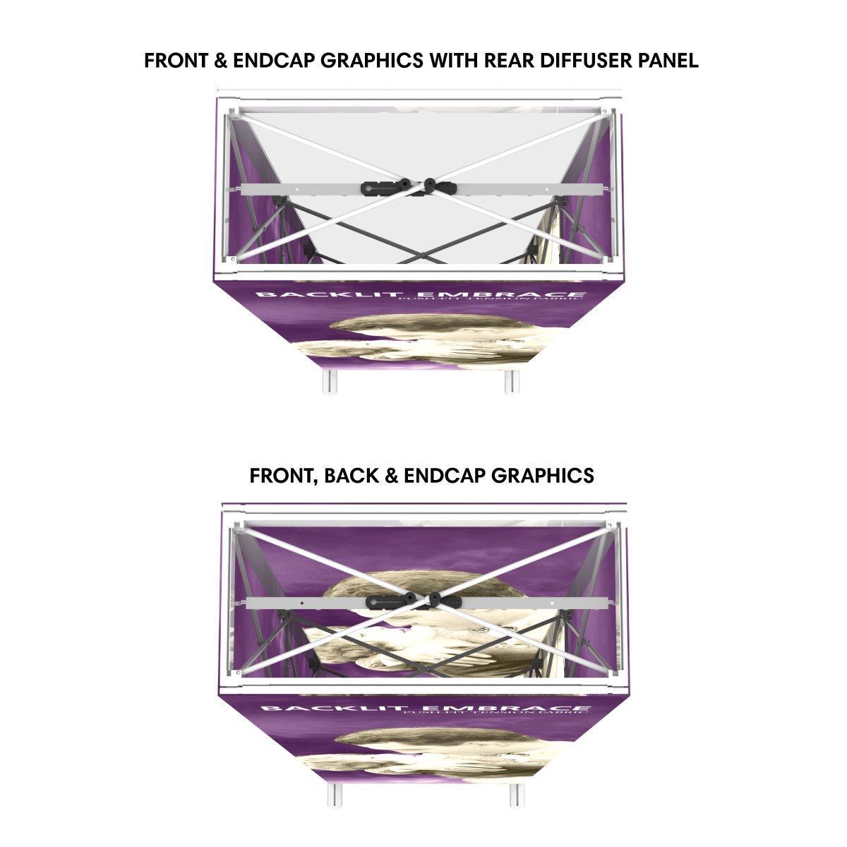 Backlit trade show display with structural frame showing front and endcap graphics options for exhibitions