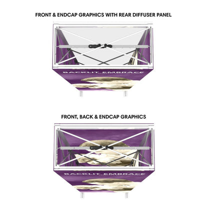 Backlit trade show display with structural frame showing front and endcap graphics options for exhibitions