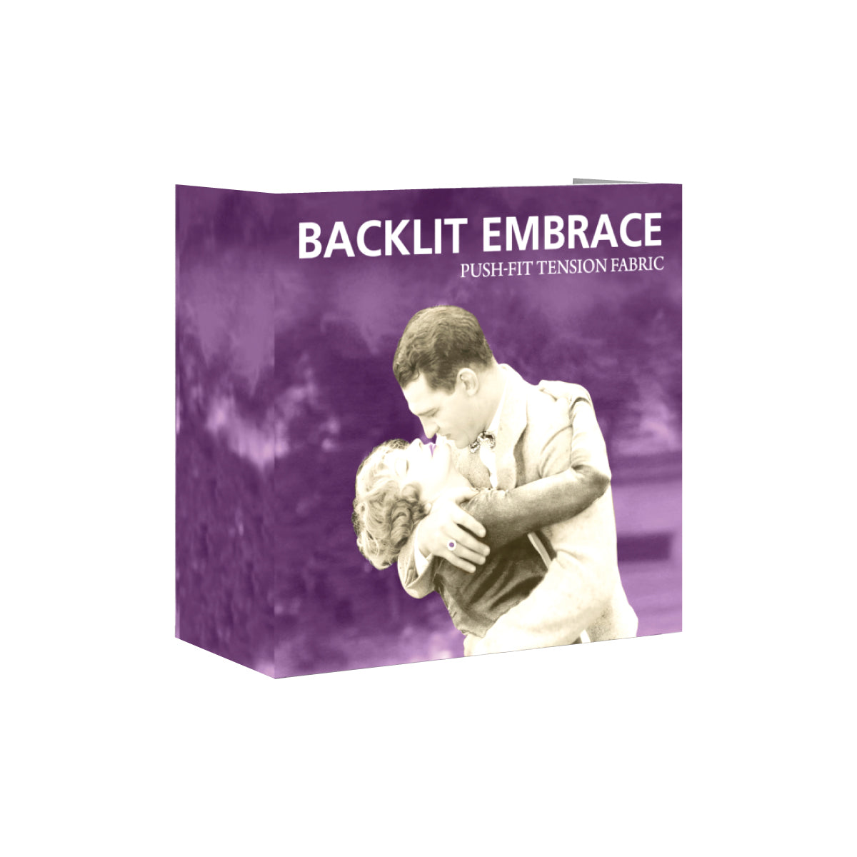 Backlit tabletop trade show display with push-fit tension fabric featuring vintage embrace photo
