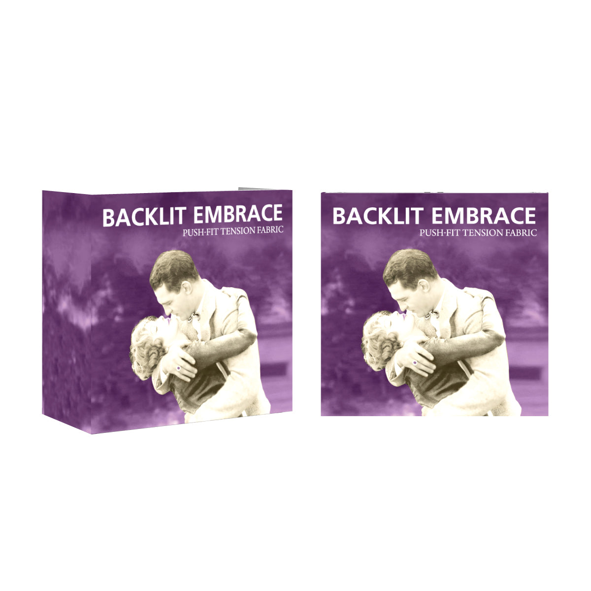 Backlit tabletop tension fabric display featuring vintage couple image for trade shows and exhibitions