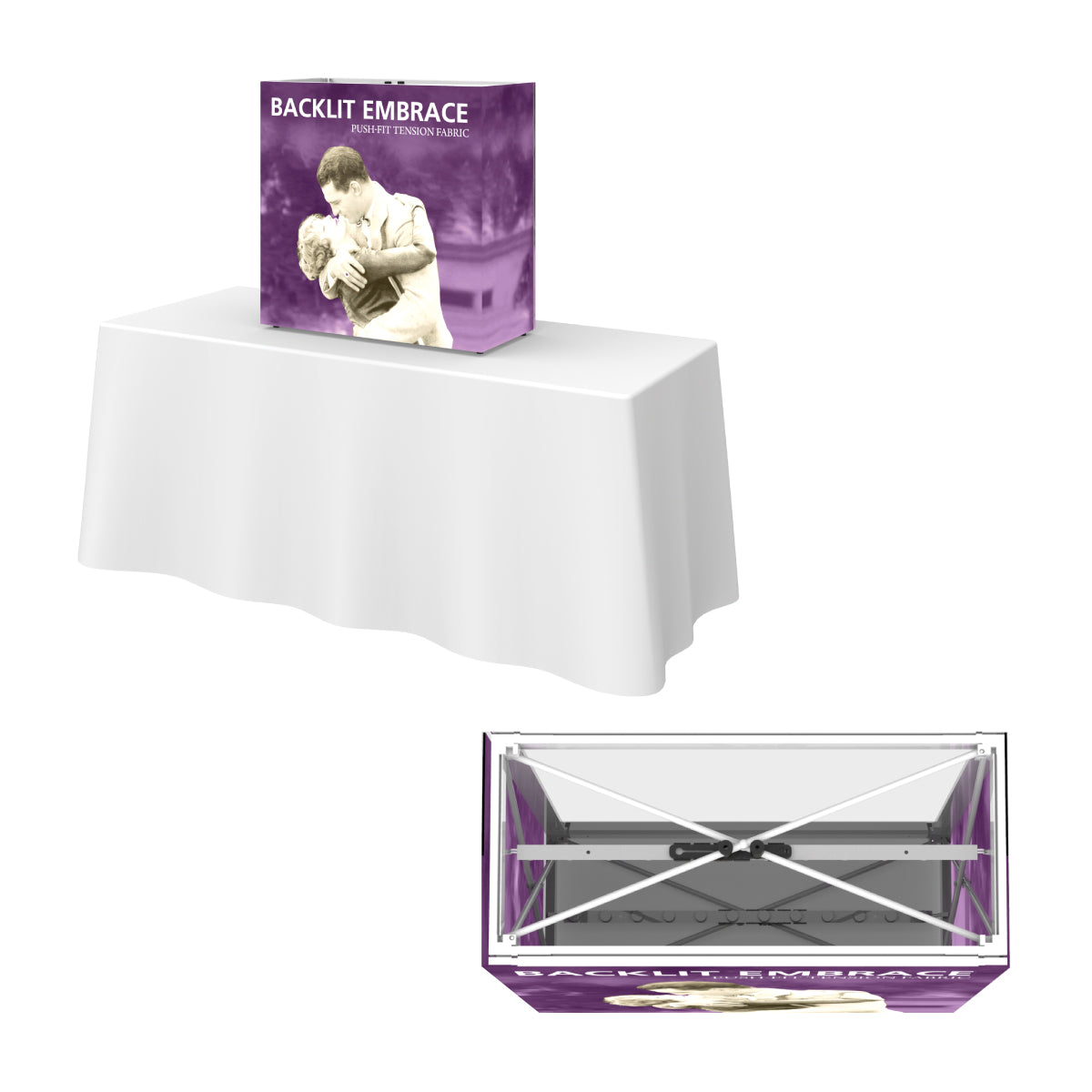 Backlit Embrace tension fabric tabletop display on a table, ideal for trade shows and exhibitions