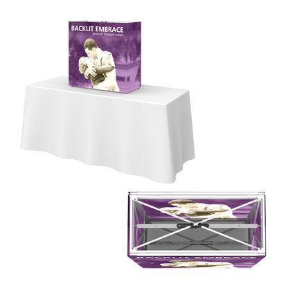 Backlit embrace tabletop display with push-fit tension fabric for trade shows and exhibitions on table