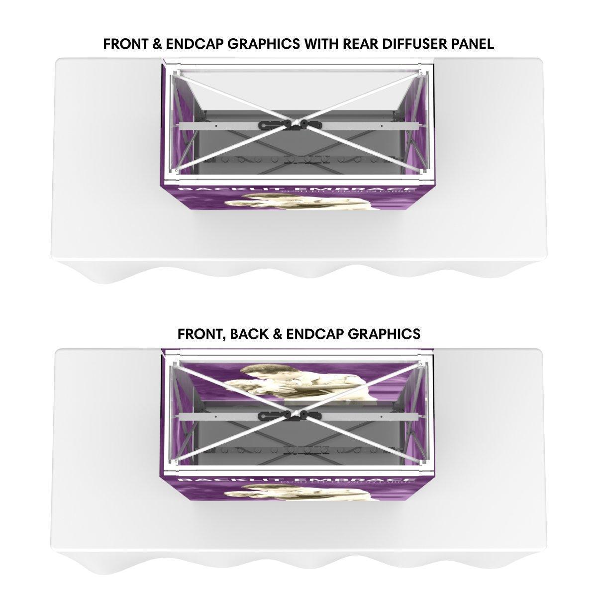 Top-down view of backlit tabletop display setups showing graphic placement for trade show booths
