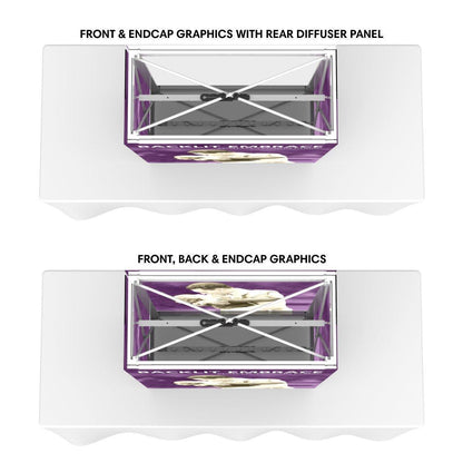 Top-down view of backlit tabletop display setups showing graphic placement for trade show booths