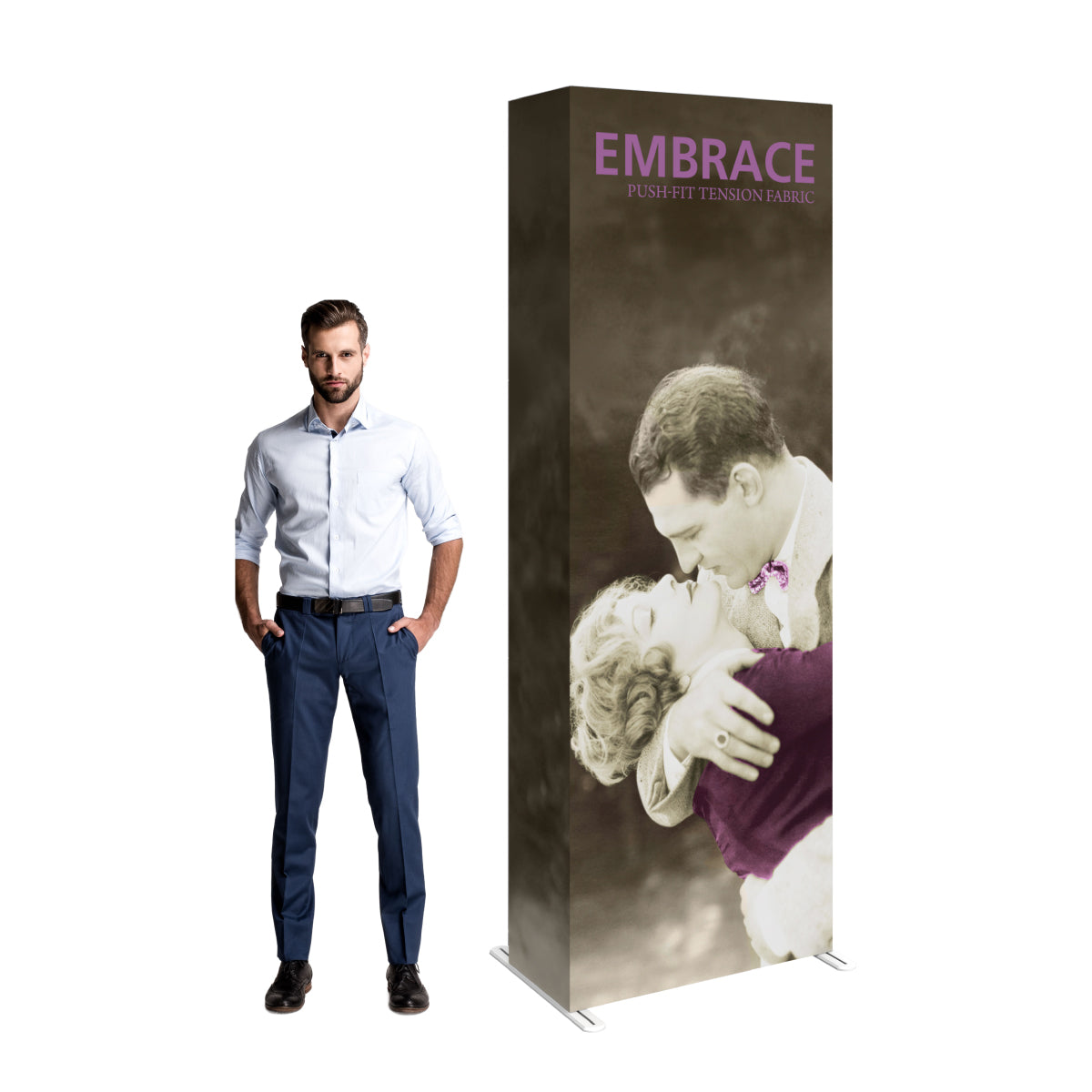 Tall fabric display with vintage couple embrace graphic for trade shows and exhibitions