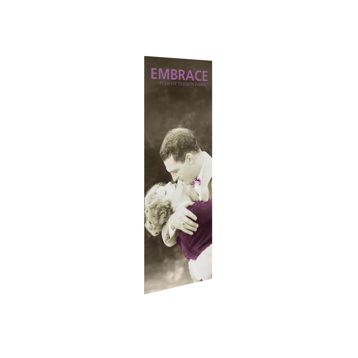 Tall push-fit tension fabric display with romantic couple image for trade shows and exhibitions