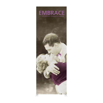 Tall fabric trade show display featuring vintage romantic couple image with Embrace push-fit tension fabric branding