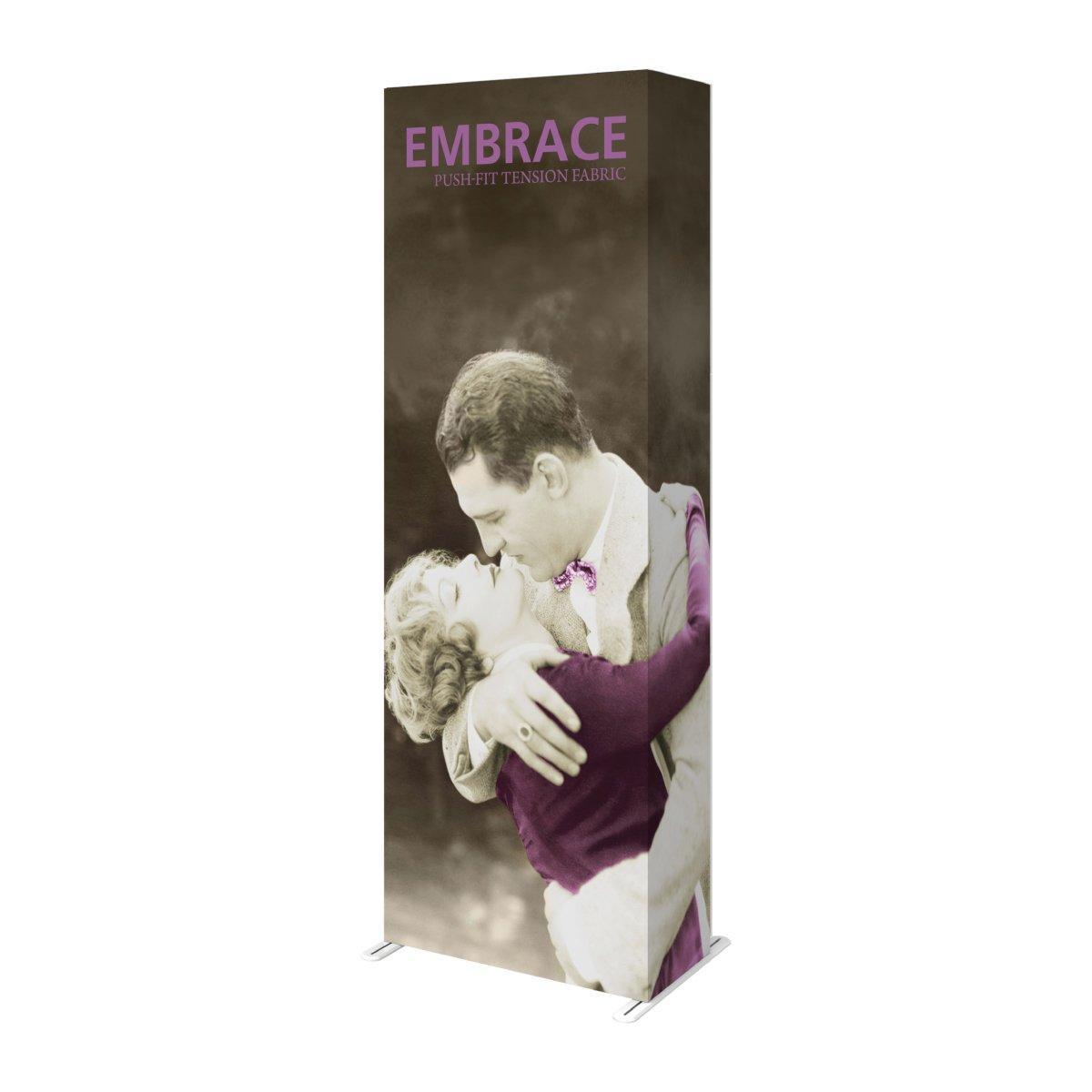 Tall fabric tension display with vintage couple embracing, ideal for trade shows and exhibitions