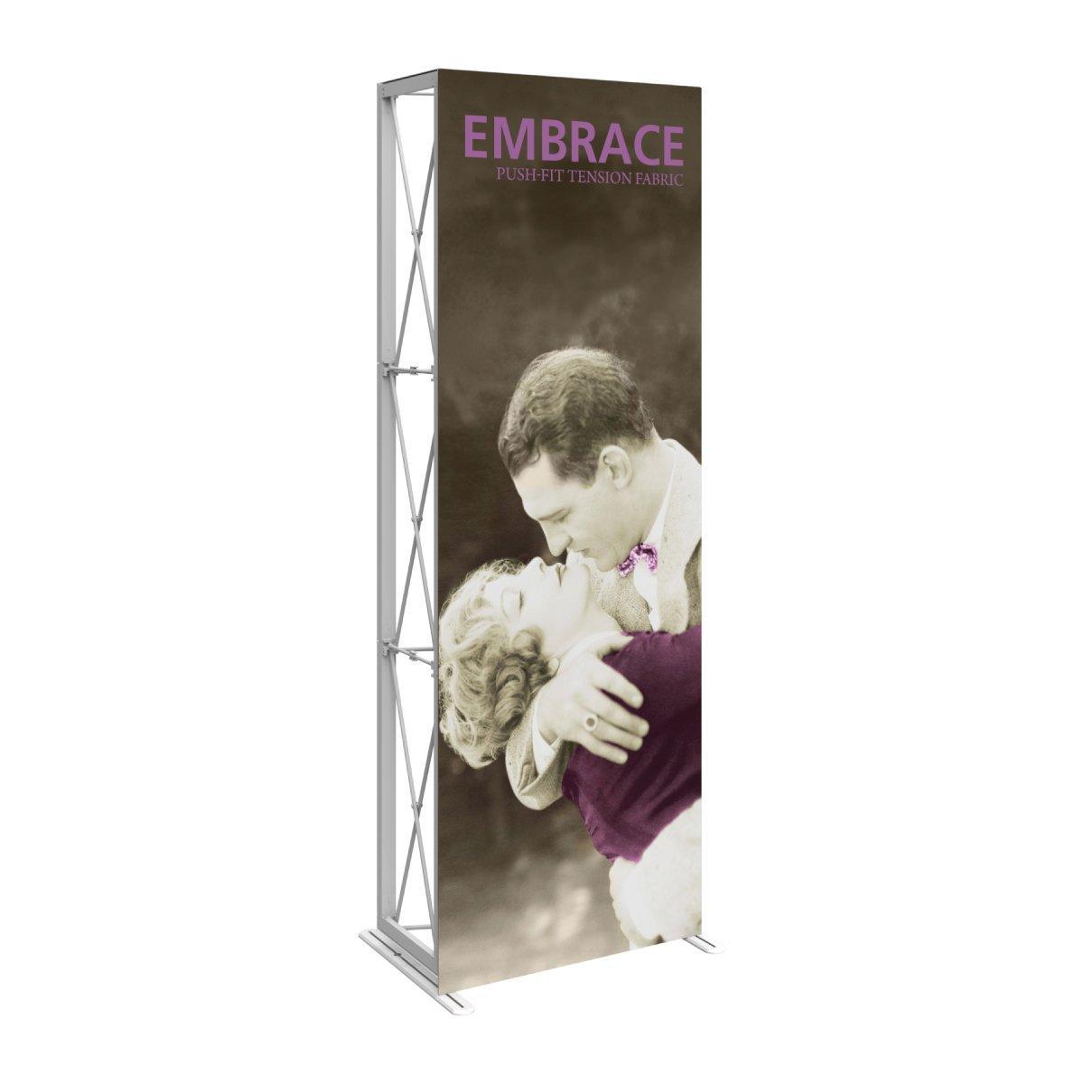 Tall push-fit tension fabric display with vintage romantic couple image for trade shows and exhibitions