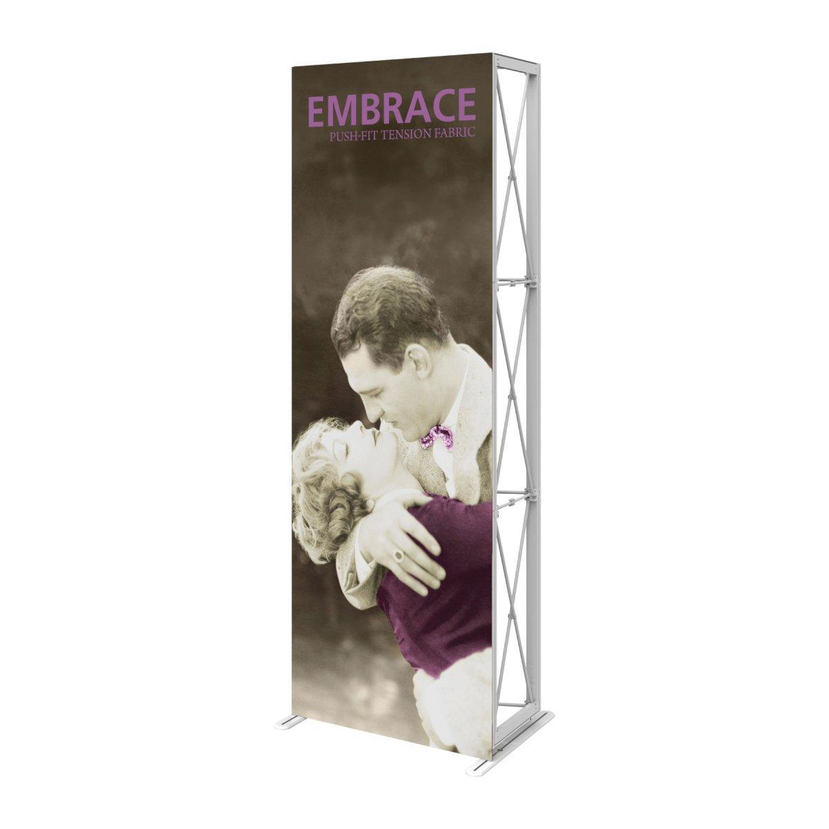 Tall tension fabric trade show display with vintage couple embrace image for exhibitions and events