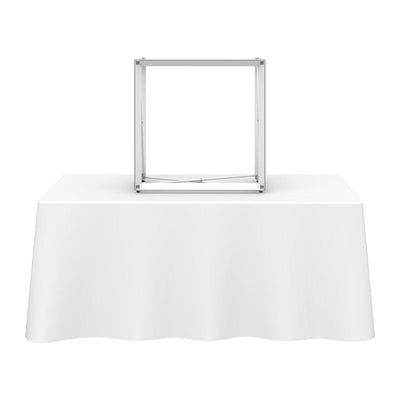 Tabletop display frame on table with tablecloth for trade shows and exhibitions