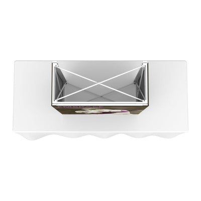 Top view of a tabletop trade show display with an embrace-themed graphic and stable frame structure