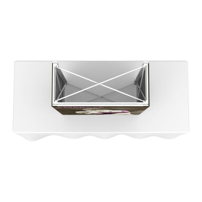 Top view of a tabletop trade show display with an embrace-themed graphic and stable frame structure