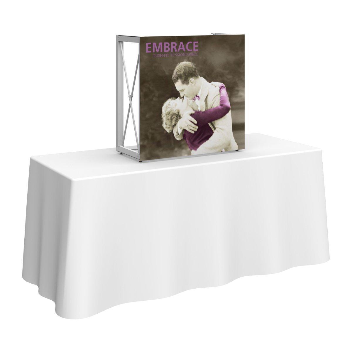 Tabletop display with fabric graphic stand featuring vintage romantic couple, ideal for trade shows and exhibitions
