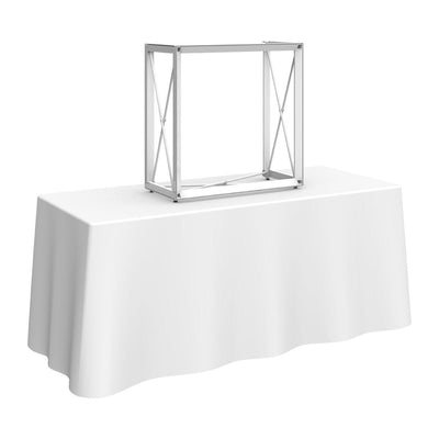 Adjustable tabletop display frame on a draped table for trade shows and special events
