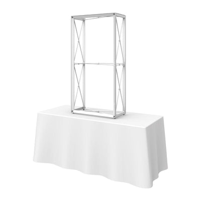 5ft extra tall tabletop display frame on covered table for trade shows and exhibitions