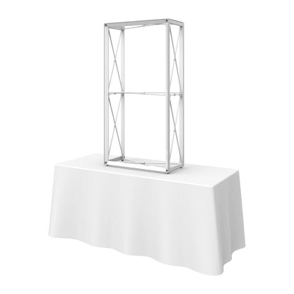 5ft extra tall tabletop display frame on covered table for trade shows and exhibitions