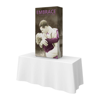 Extra tall tabletop fabric display with vintage couple image for trade shows and exhibitions