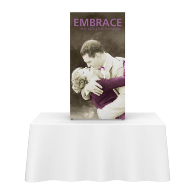 Extra tall tabletop display with vintage embrace image for trade shows and exhibitions