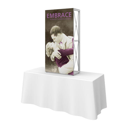 Extra tall tabletop fabric display with vintage romantic image for trade shows and exhibitions