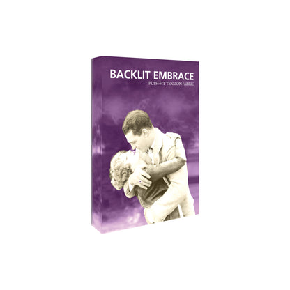 Backlit Embrace tension fabric display featuring vintage couple image for trade show and exhibition marketing