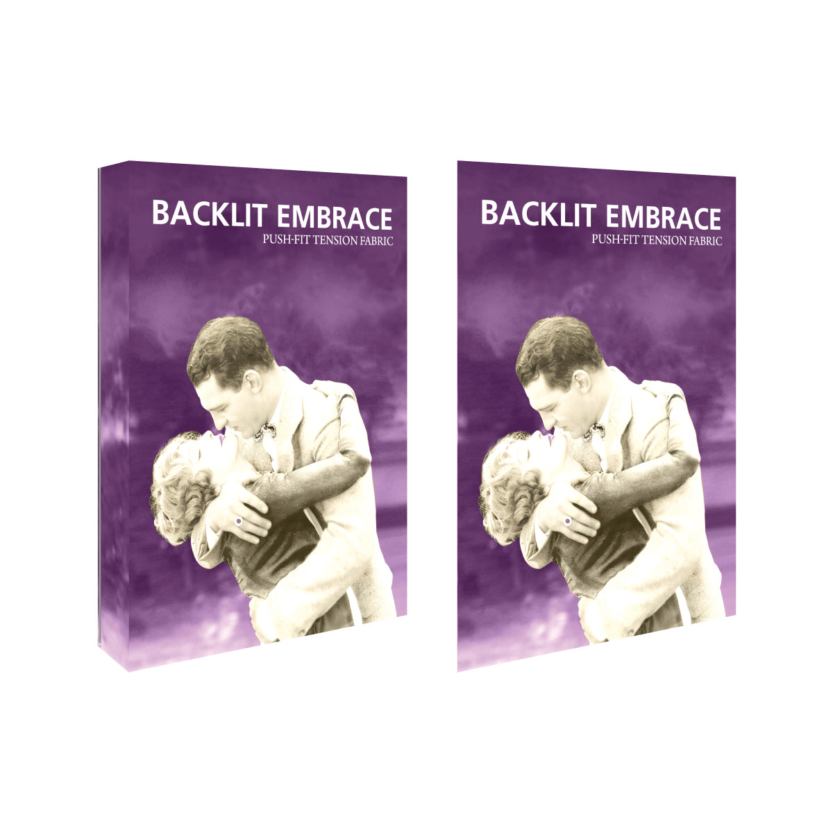 Backlit Embrace push-fit tension fabric displays with vintage couple image for trade shows and exhibitions
