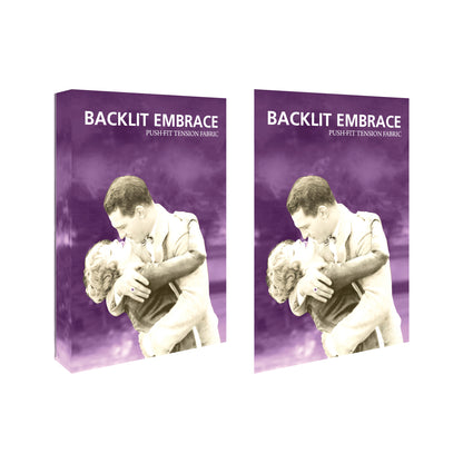 Backlit Embrace push-fit tension fabric displays with vintage couple image for trade shows and exhibitions