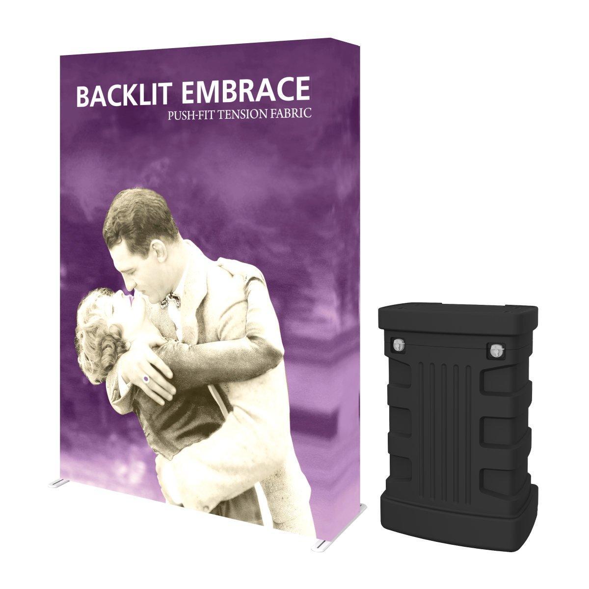 Backlit tension fabric trade show display with vintage couple graphic and portable counter
