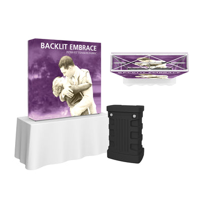 Backlit embrace tension fabric display with push-fit frame on tabletop for trade shows and exhibitions