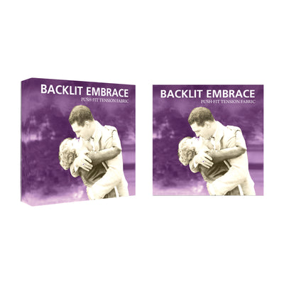 Backlit Embrace push-fit tension fabric trade show display with vintage couple embracing design