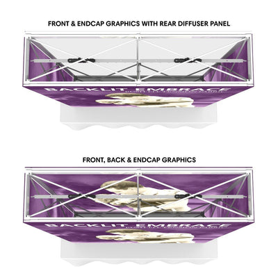 Backlit tabletop display with graphics for trade shows and exhibitions, showing frame structure and diffuser panel