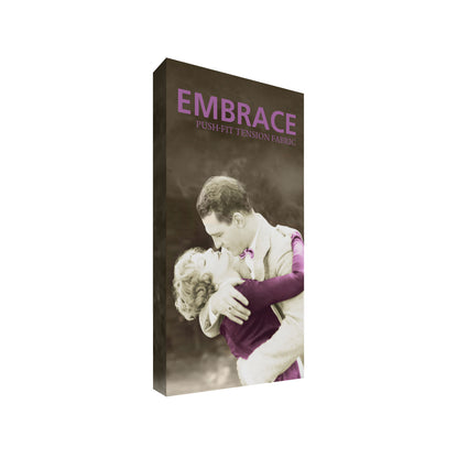 Extra tall trade show fabric display with vintage romantic couple image and Embrace branding
