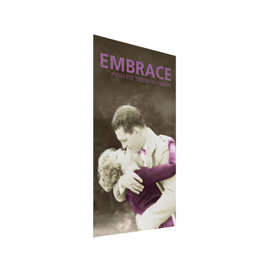Tall freestanding tension fabric display with romantic vintage couple image for trade shows